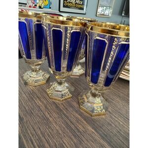 Moser Vintage Bohemian Cobalt Blue Gilded Goblet set of 6